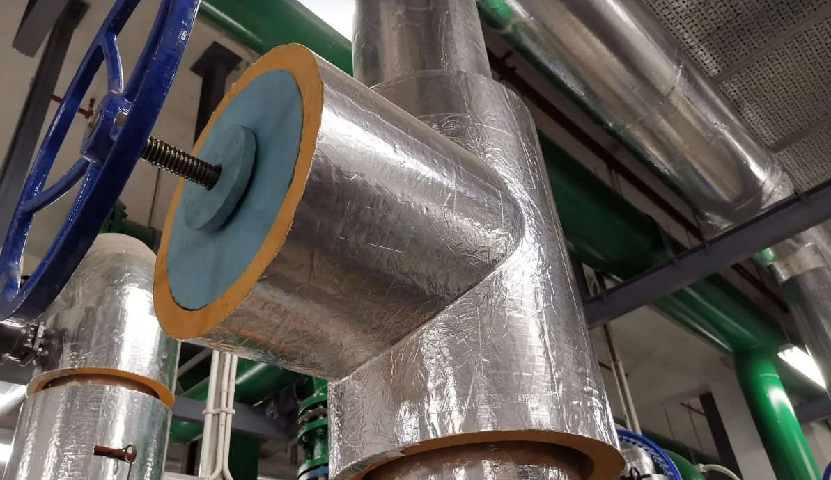 Installed AccuThermax phenolic pipe insulation in a plant room - foil-clad sections on chilled-water lines